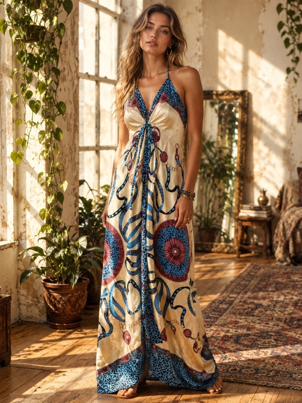 Silk-Feel Cream Boho Maxi Dress with Blue & Maroon Print